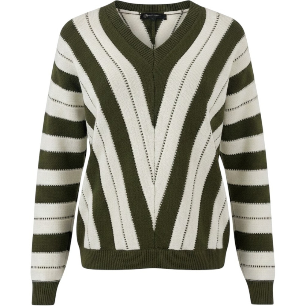 PRETTYGARDEN Women Olive Green Cream Striped Chevron V-Neck Knit Sweater Large